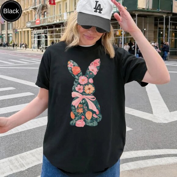 Tops - Floral Easter Bunny Shirt, Graphic Bow Easter Tshirt, Cute Shirt Gift